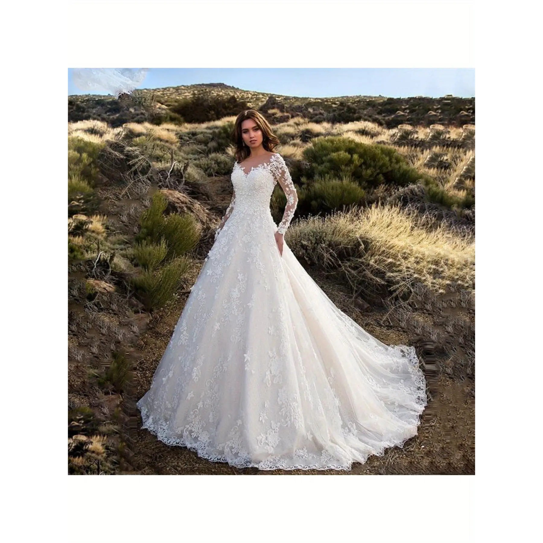 Women's Elegant Off-Shoulder Long Sleeve Wedding Dress with Lace Appliqué Train - All-Season White Bridal Gown, Round Neck Formal Attire for Weddings & Special Events, Comfortable EVA\u002FPVC\u002FFabric Construction
