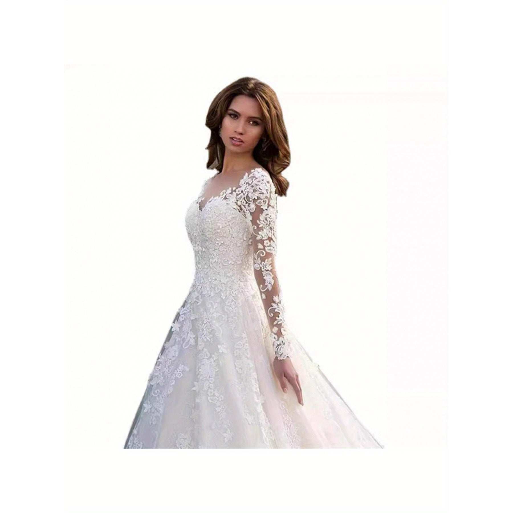 Women's Elegant Off-Shoulder Long Sleeve Wedding Dress with Lace Appliqué Train - All-Season White Bridal Gown, Round Neck Formal Attire for Weddings & Special Events, Comfortable EVA\u002FPVC\u002FFabric Construction