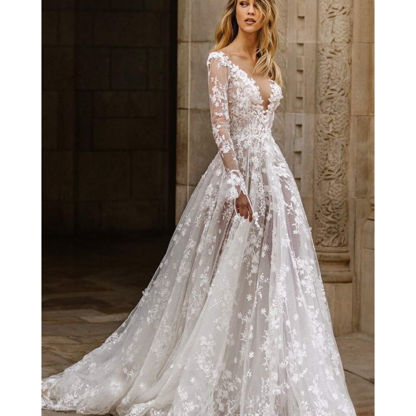 Women's Elegant Floral Lace Wedding Guest & Bridesmaid Dress - V-Neck Long Sleeve Semi-Sheer Floor-Length Evening Gown with Mermaid Silhouette for Weddings & Formal Events, Wedding Dress, Delicate Fabric Detail