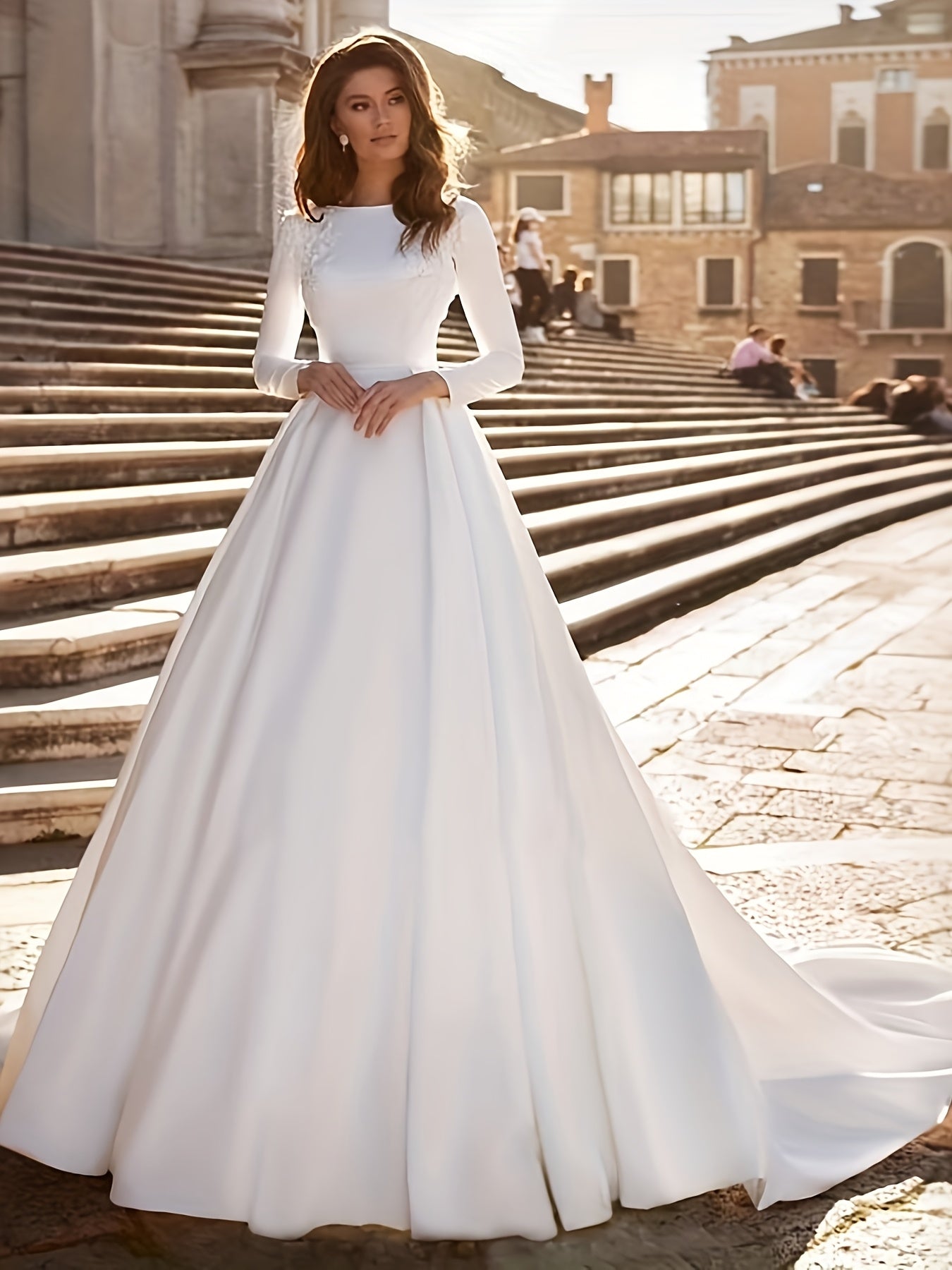 Women's Elegant Off-the-Shoulder Wedding Dress - Formal event gown with flowing train, Luxurious Bridal attire for Wedding, Gala, Prom - Elegant Bride's Dress, Evening Gown, Graceful Design, Delicate Detailing, Statement Piece, Special Occasion Wear