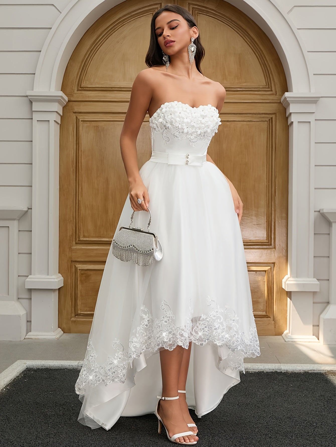 Women's Elegant Strapless bridal wedding gown - Flattering Formal party dress with Floral train, A-Line silhouette for Bridal, Prom, Galas - White Ballgown, Evening Wear, Asymmetrical Hemline, Highquality Fabric, Prom Attendees