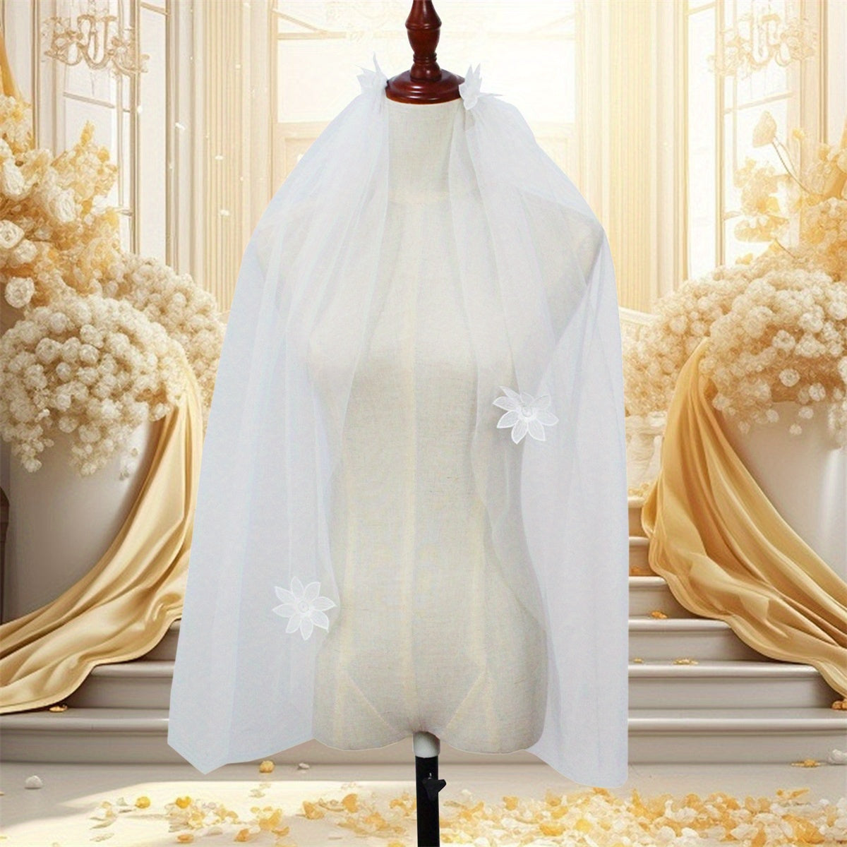 Elegant White Tulle Bridal Veil for Women - V-Neck with Floral Applique, Long Sleeve, Perfect for Weddings and Formal Events, Wedding Dress Accessory, Sophisticated Craftsmanship