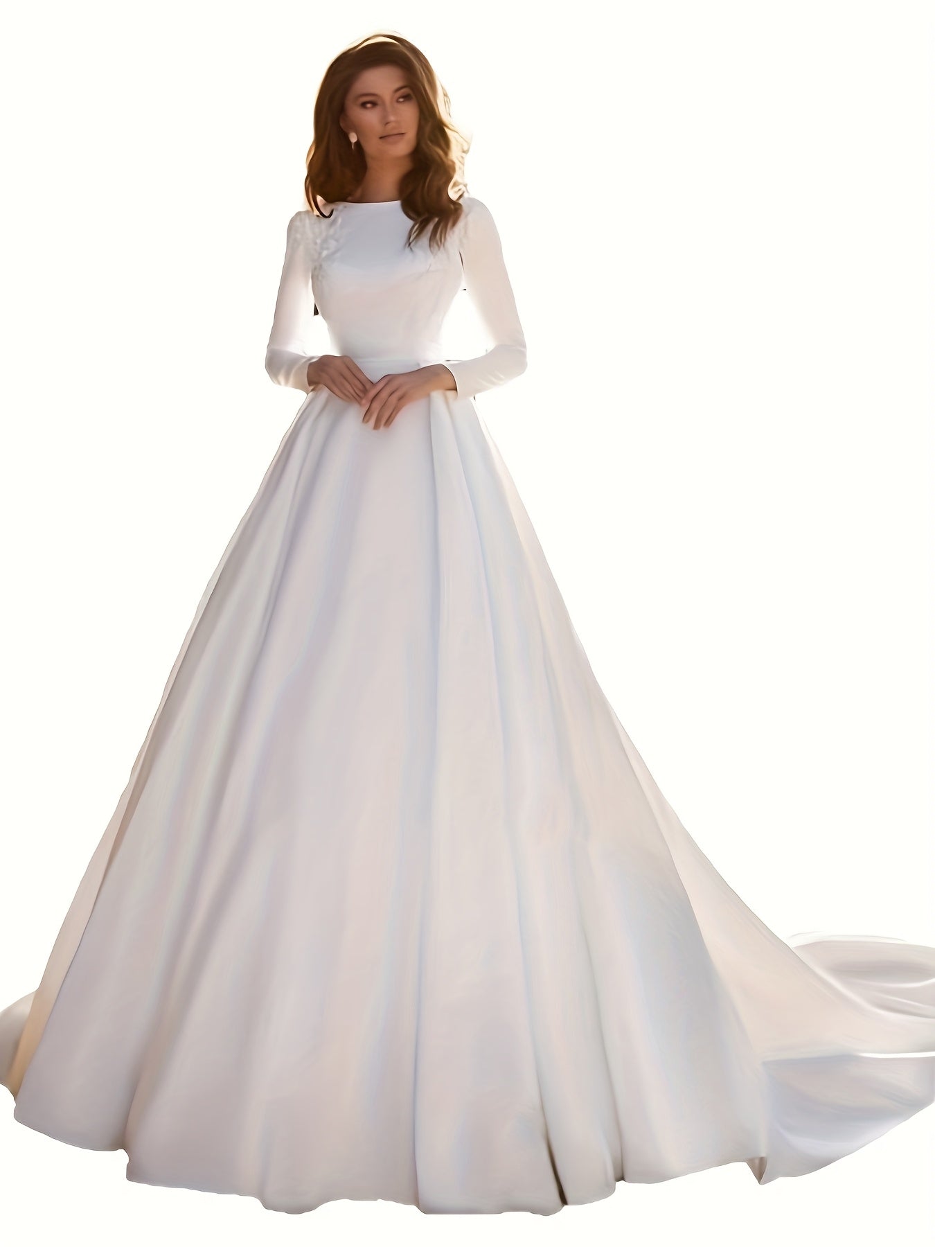 Women's Elegant Off-the-Shoulder Wedding Dress - Formal event gown with flowing train, Luxurious Bridal attire for Wedding, Gala, Prom - Elegant Bride's Dress, Evening Gown, Graceful Design, Delicate Detailing, Statement Piece, Special Occasion Wear