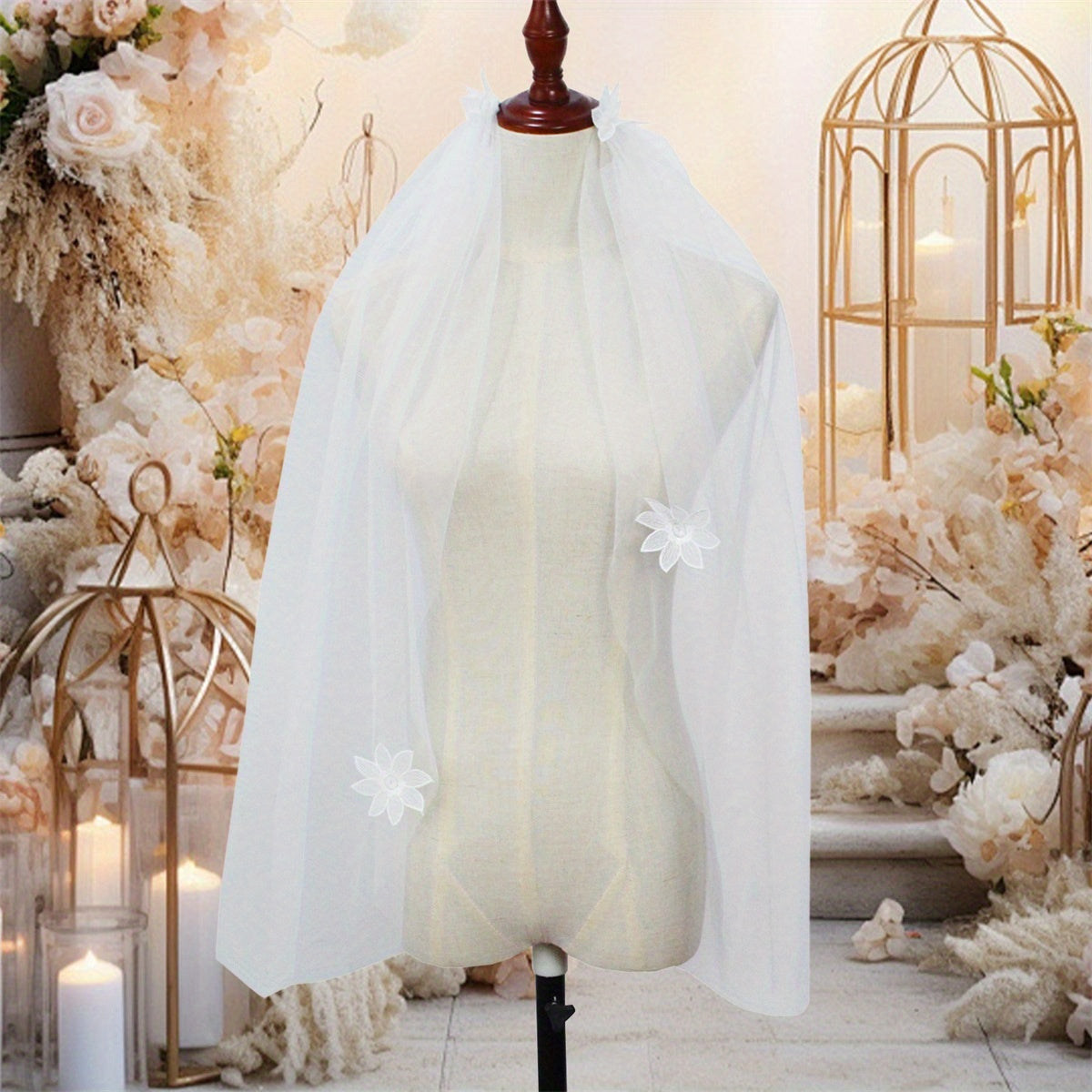 Elegant White Tulle Bridal Veil for Women - V-Neck with Floral Applique, Long Sleeve, Perfect for Weddings and Formal Events, Wedding Dress Accessory, Sophisticated Craftsmanship