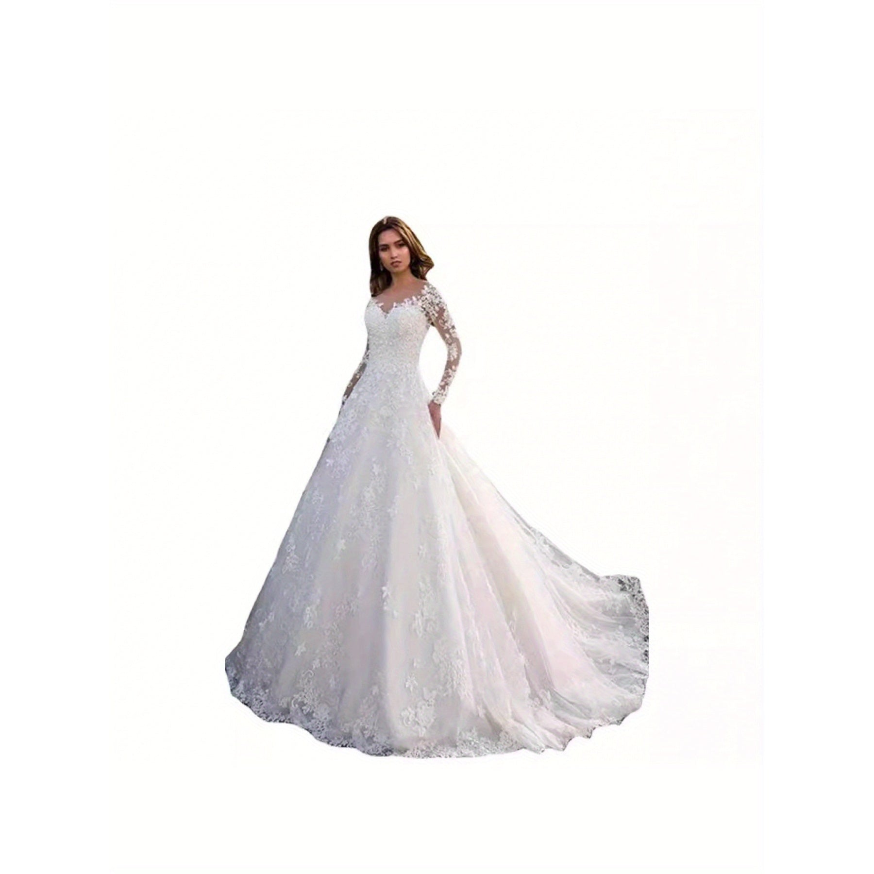 Women's Elegant Off-Shoulder Long Sleeve Wedding Dress with Lace Appliqué Train - All-Season White Bridal Gown, Round Neck Formal Attire for Weddings & Special Events, Comfortable EVA\u002FPVC\u002FFabric Construction
