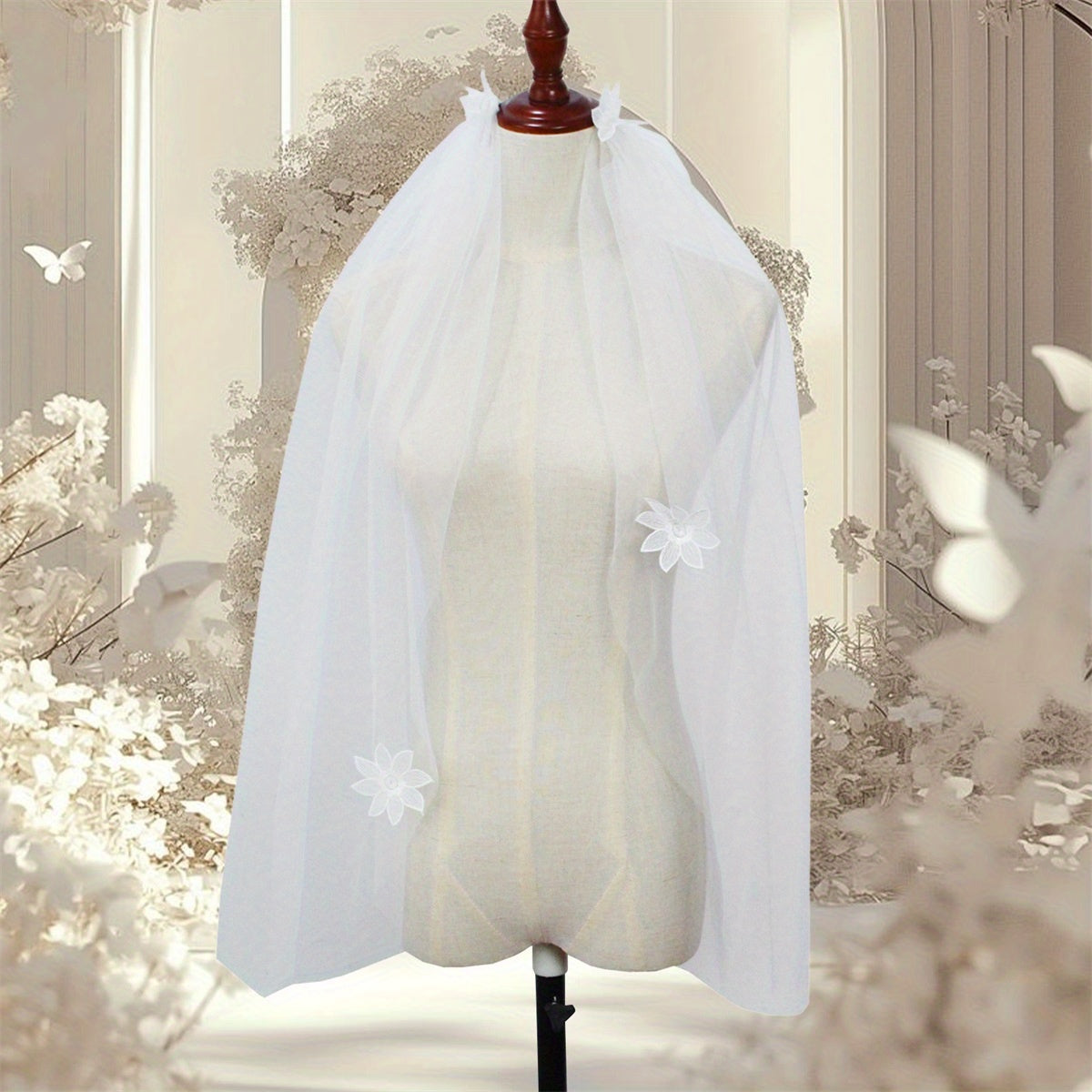 Elegant White Tulle Bridal Veil for Women - V-Neck with Floral Applique, Long Sleeve, Perfect for Weddings and Formal Events, Wedding Dress Accessory, Sophisticated Craftsmanship