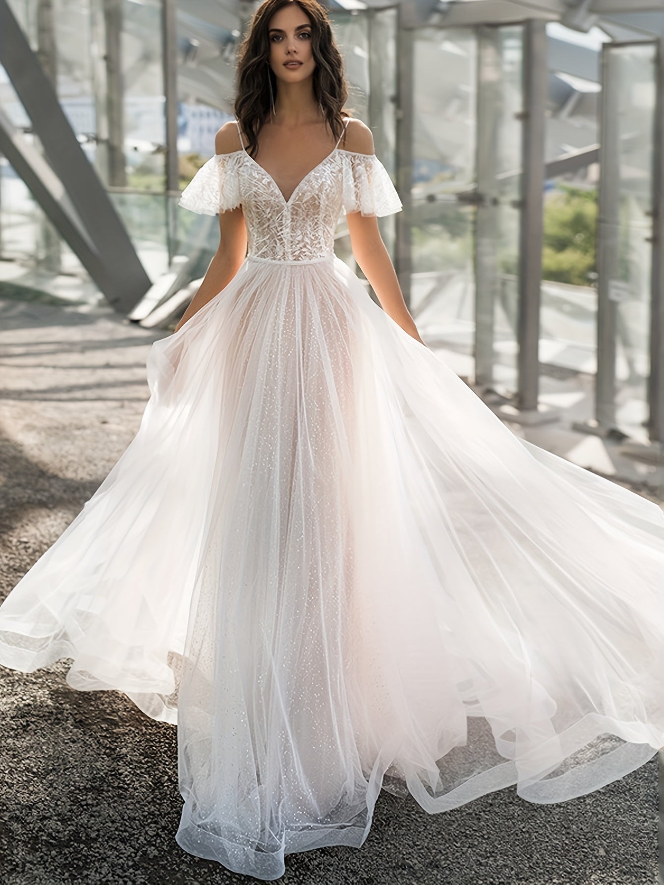 Women's Elegant Off-Shoulder Formal gown - Long Sleeve party dress, Flowy train, Machine Washable Wedding & Gala Evening Attire for Women, Dress for Wedding