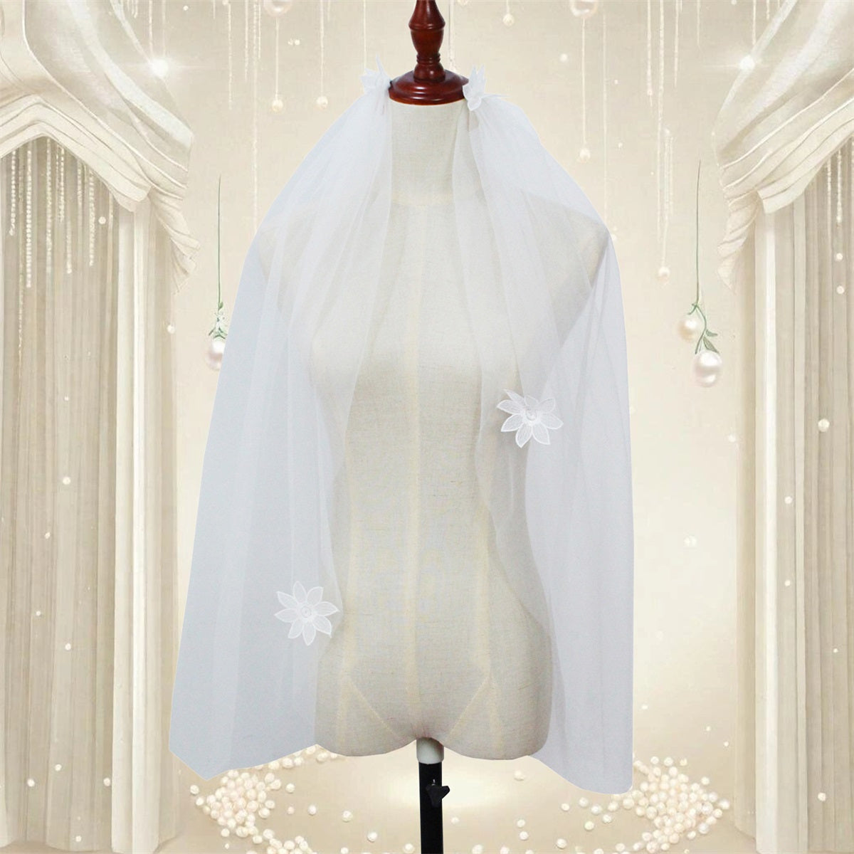 Elegant White Tulle Bridal Veil for Women - V-Neck with Floral Applique, Long Sleeve, Perfect for Weddings and Formal Events, Wedding Dress Accessory, Sophisticated Craftsmanship
