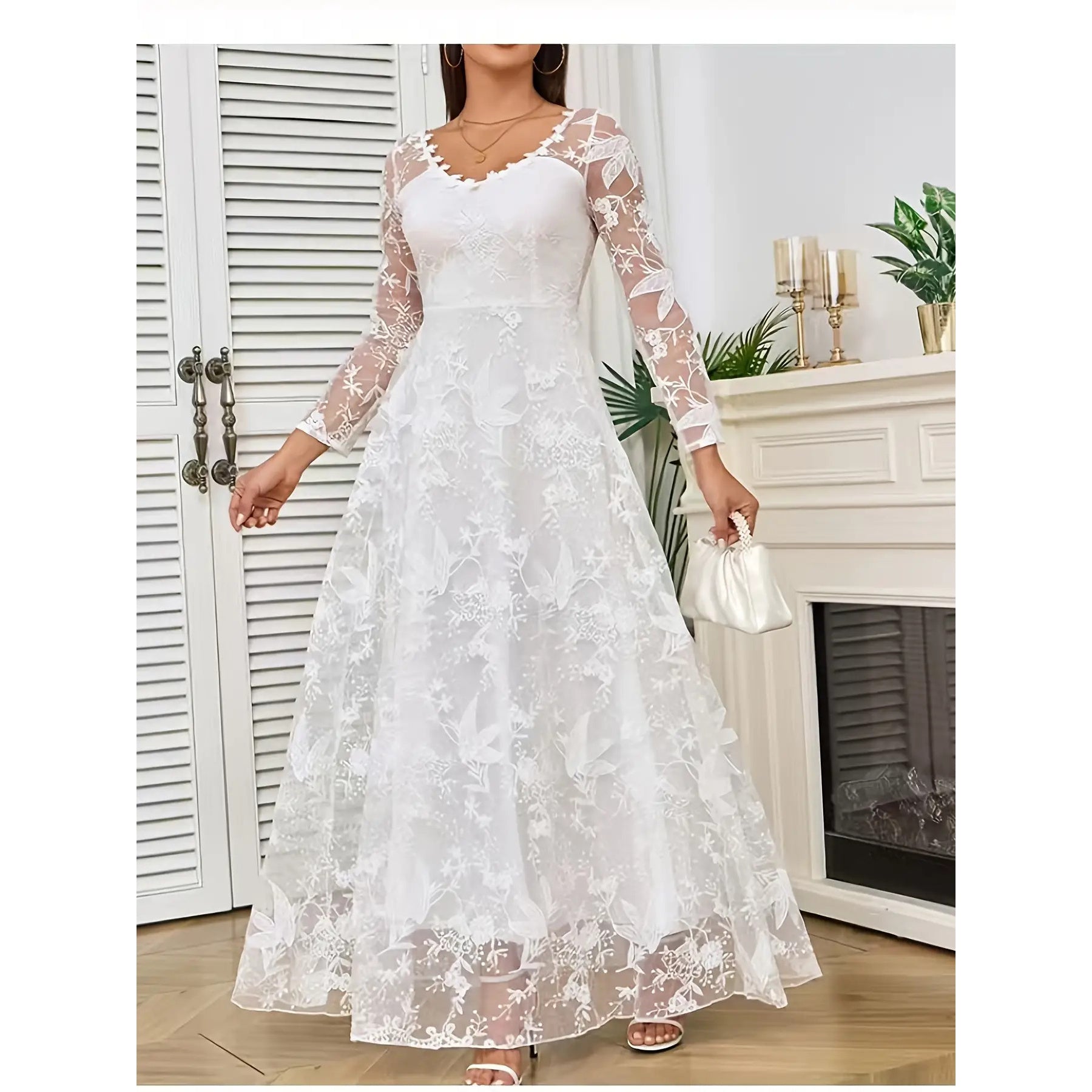 Women's Elegant Off-Shoulder Long Sleeve Wedding Dress with Lace Appliqué Train - All-Season White Bridal Gown, Round Neck Formal Attire for Weddings & Special Events, Comfortable EVA\u002FPVC\u002FFabric Construction