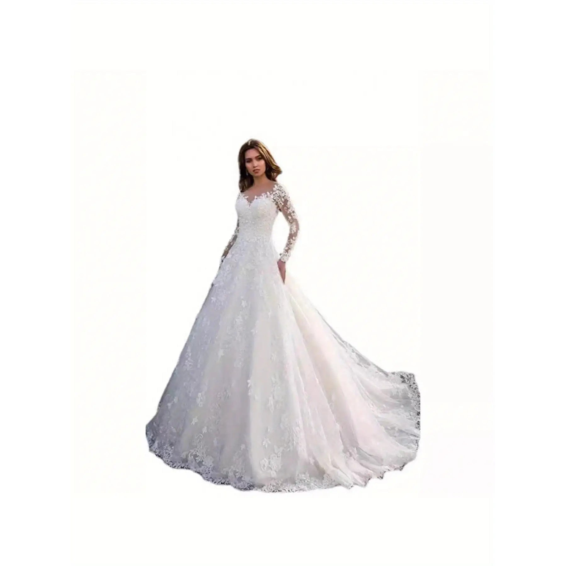 Women's Elegant Off-Shoulder Long Sleeve Wedding Dress with Lace Appliqué Train - All-Season White Bridal Gown, Round Neck Formal Attire for Weddings & Special Events, Comfortable EVA\u002FPVC\u002FFabric Construction