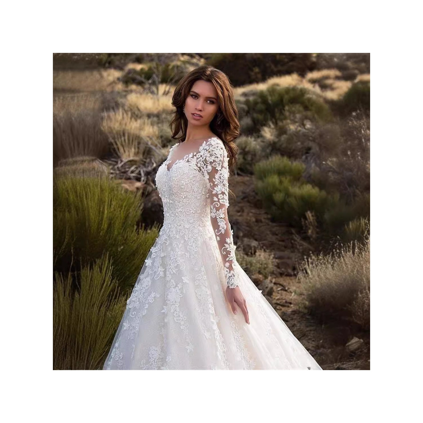 Women's Elegant Off-Shoulder Long Sleeve Wedding Dress with Lace Appliqué Train - All-Season White Bridal Gown, Round Neck Formal Attire for Weddings & Special Events, Comfortable EVA\u002FPVC\u002FFabric Construction
