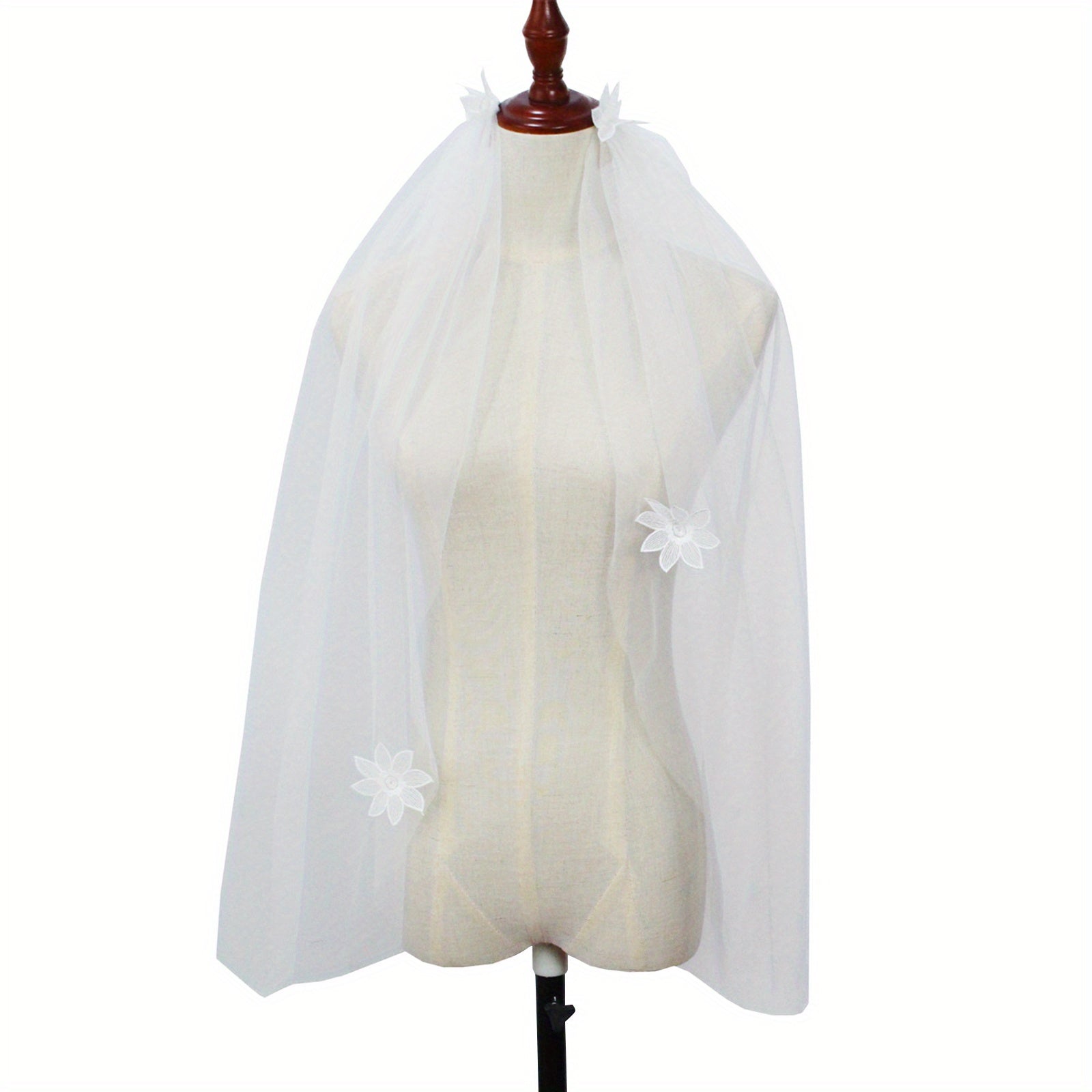 Elegant White Tulle Bridal Veil for Women - V-Neck with Floral Applique, Long Sleeve, Perfect for Weddings and Formal Events, Wedding Dress Accessory, Sophisticated Craftsmanship