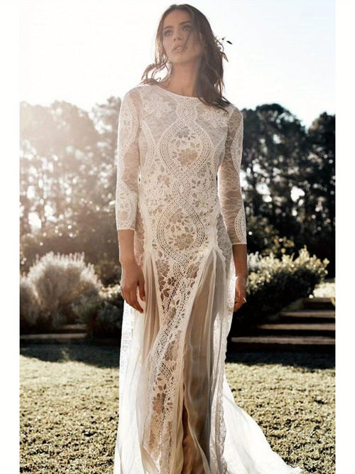 2025 European & American Women's Sexy Elegant Backless Lace Wedding Dress - Round Neck Long Sleeve A-Line Silhouette with Vertical Pleats, Machine Washable Bridal Gown for Weddings & Formal Events